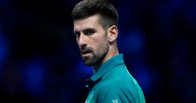 Serbia's Novak Djokovic reacts at the end of the singles tennis match against Poland's Hubert Hurkacz, of the ATP World Tour Finals at the Pala Alpitour, in Turin, Italy, Thursday, Nov. 16, 2023. (AP Photo/Antonio Calanni)