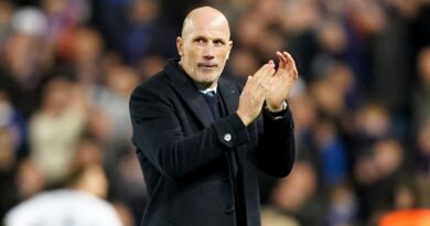 Rangers manager Philippe Clement applauds supporters at the Europa League match against Sparta Prague