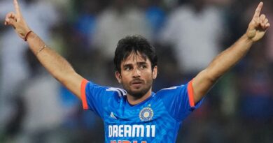 India's Ravi Bishnoi celebrates the wicket of Australia's Tim David during the second T20 cricket match between India and Australia in Thiruvananthapuram, India, Sunday, Nov. 26, 2023. (AP Photo/Aijaz Rahi)