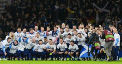 GLASGOW, SCOTLAND - NOVEMBER 19: The Scotland team celebrate qualifying for Euro 2024 at full time during a UEFA Euro 2024 Qualifier between Scotland and Norway at Hampden Park, on November 19, 2023, in Glasgow, Scotland. (Photo by Craig Williamson / SNS Group)