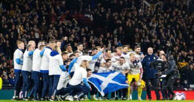 The Scotland team celebrate qualifying for Euro 2024