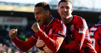 Cyriel Dessers celebrates with John Lundstram after putting Rangers in front at Livingston