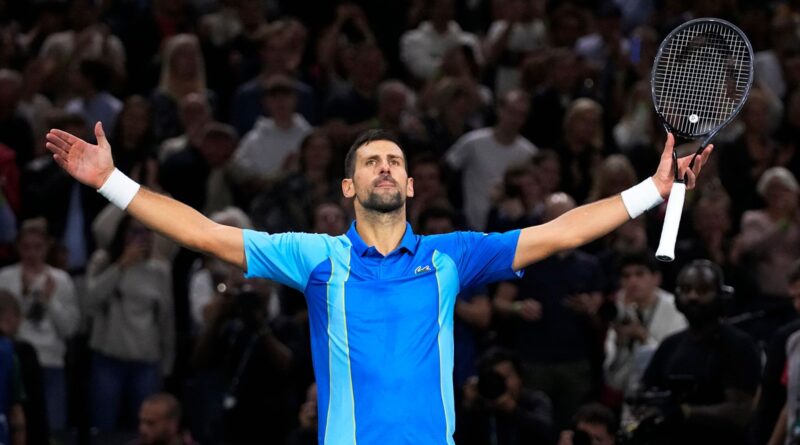 Serbia's Novak Djokovic celebrates after winning the quarter final match against Denmark's Holger Rune at the Paris Masters