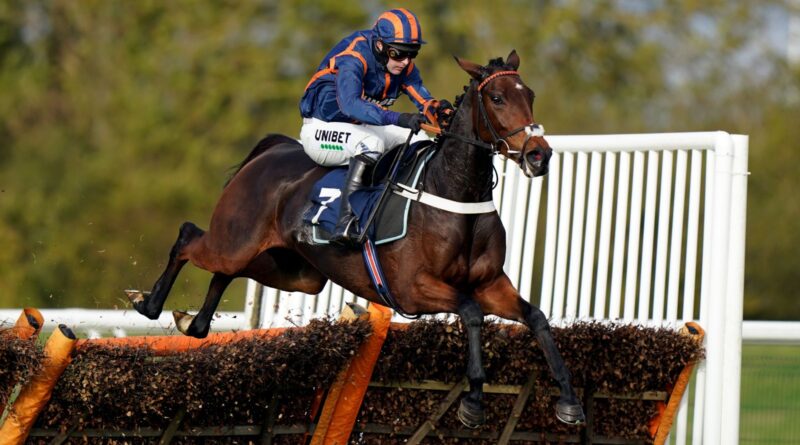 Theatre Glory ridden by Nico de Boinville on their way to winning the racingtv.com/freemonth Mares' Novices' Hurdle at Huntingdon