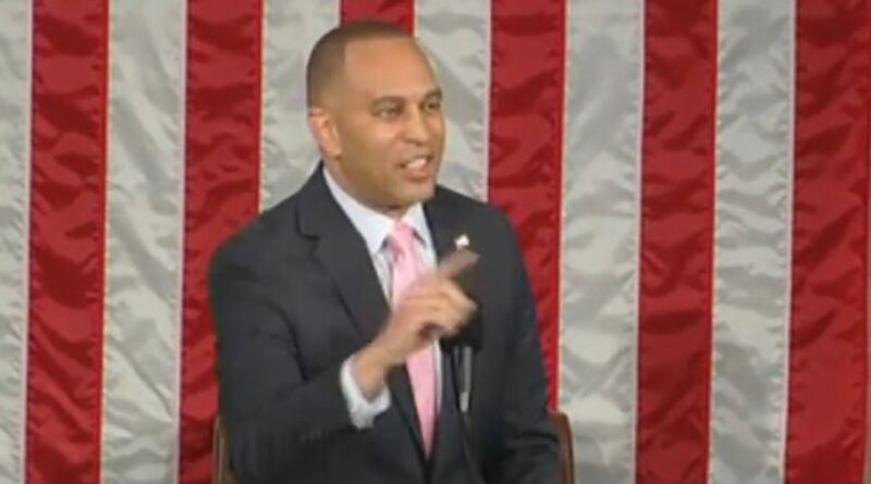 Hakeem Jeffries calls out election deniers during House speech.