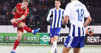 HELSINKI, FINLAND - NOVEMBER 30: Aberdeen's Angus MacDonald scores to make it 2-1 during a UEFA Conference League group stage match between HJK Helsinki and Aberdeen at the Bolt Arena, on November 30, 2023, in Helsinki, Finland. (Photo by Ross MacDonald / SNS Group)