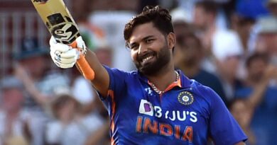 India's Rishabh Pant celebrates after reaching a century during the third one day international cricket match between England and India at Emirates Old Trafford cricket ground in Manchester, England, Sunday, July 17, 2022. (AP Photo/Rui Vieira)