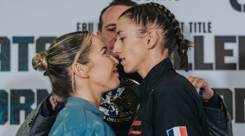 Chloe Watson faces off with Justine Lallemand  ahead of the European flyweight title fight (Photos: Wasserman Boxing)