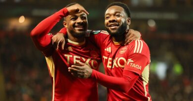 Aberdeen's Duk (left) celebrates with Shayden Morris after scoring to make it 1-0 vs Eintracht Frankfurt