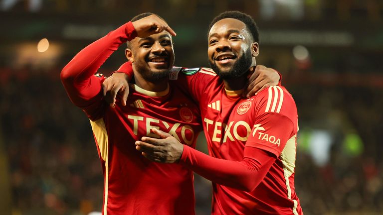 Aberdeen's Duk (left) celebrates with Shayden Morris after scoring to make it 1-0 vs Eintracht Frankfurt