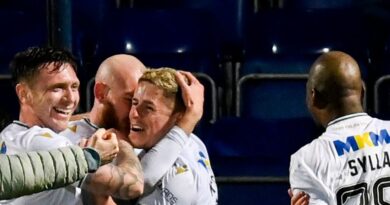 Dundee's Joe Shaughnessy (L) celebrates scoring against Ross County