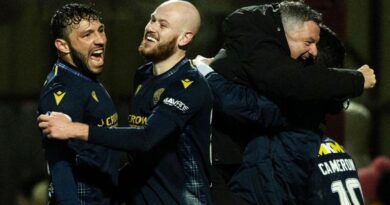 MOTHERWELL, SCOTLAND - DECEMBER 02: Dundee Manager Tony Docherty celebrates the third goal during a cinch Premiership match between Motherwell and Dundee at Fir Park, on December 02, 2023, in Motherwell, Scotland. (Photo by Craig Foy / SNS Group)