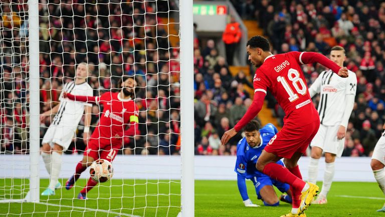 Liverpool's Cody Gakpo scores his side's second goal