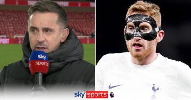 Left: Gary Neville after Spurs beat Forest; Right: Dejan Kulusevski during a Premier League match at the Tottenham Hotspur Stadium.