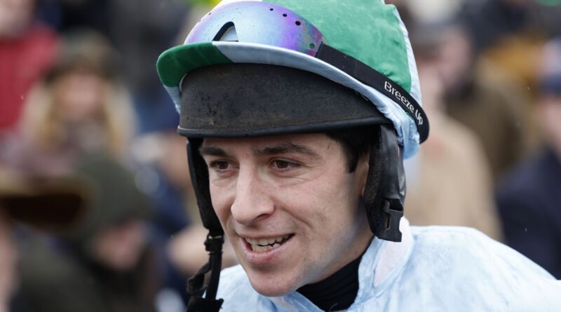 Gavin Sheehan celebrates winning The bet365 Mares' Hurdle on You Wear It Well during day two of the bet365 Charlie Hall Meeting at Wetherby