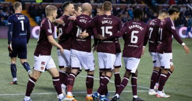 KILMARNOCK, SCOTLAND - DECEMBER 02: Hearts' Lawrence Shankland celebrates with Alex Cochrane (second from left), Liam Boyce, Kye Rowles, Beni Baningime, Jorge Grant (no. 7) and Yutaro Oda (right) as Kilmarnock's Will Dennis (left) scores an own goal to make it 1-0 to Hearts during a cinch Premiership match between Kilmarnock and Heart of Midlothian at Rugby Park, on December 02, 2023, in Kilmarnock, Scotland. (Photo by Alan Harvey / SNS Group)