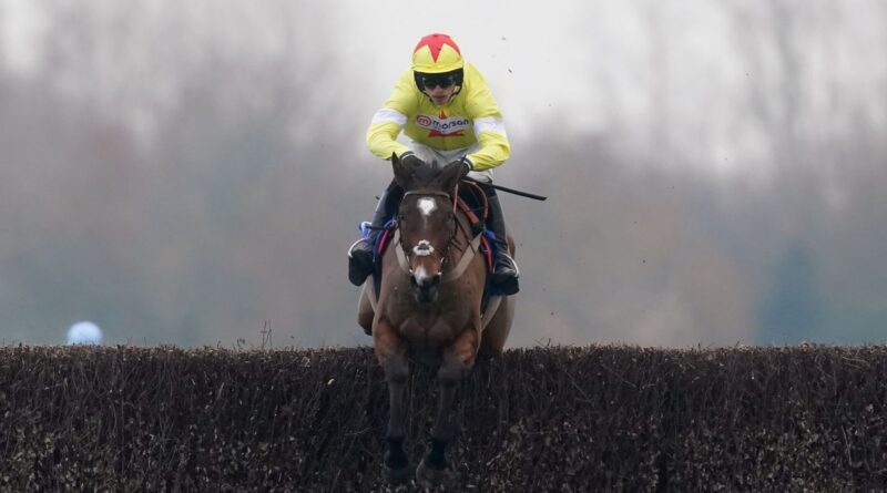 Harry Cobden and Hermes Allen clear a fence in the John Francome at Newbury