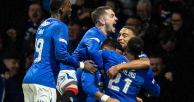 Rangers players celebrate as James Tavernier scores to make it 1-0 during the Viaplay Cup Final against Aberdeen at Hampden Park