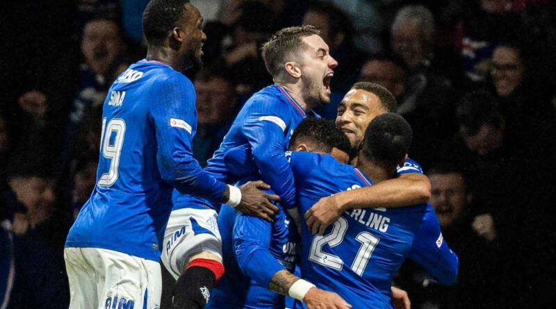 Rangers players celebrate as James Tavernier scores to make it 1-0 during the Viaplay Cup Final against Aberdeen at Hampden Park