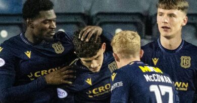 KILMARNOCK, SCOTLAND - DECEMBER 30: Dundee's Joe Shaughnessy (R) celebrates scoring to make it 2-2 with teammates (L-R) Amadou Bakayoko, Luke McCowan and Aaron Donnelly during a cinch Premiership match between Kilmarnock and Dundee at Rugby Park, on December 30, 2023, in Kilmarnock, Scotland. (Photo by Craig Brown / SNS Group)