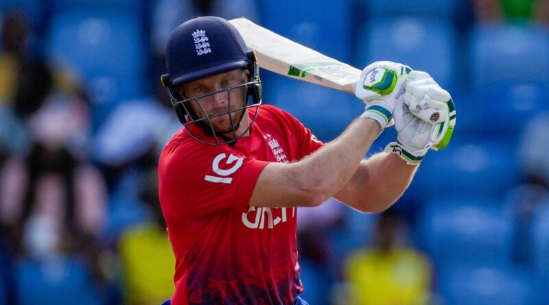 England's captain Jos Buttler plays a shot from the bowling of West Indies' Akeal Hosein..during the third T20 cricket match at National Cricket Stadium in Saint George's, Grenada, Saturday, Dec. 16, 2023. (AP Photo/Ricardo Mazalan)