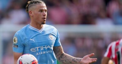 Manchester City's Kalvin Phillips reacts during the English Premier League soccer match between Brentford and Manchester City at the Gtech Community Stadium in London, Sunday, May 28, 2023. (AP Photo/Kirsty Wigglesworth)