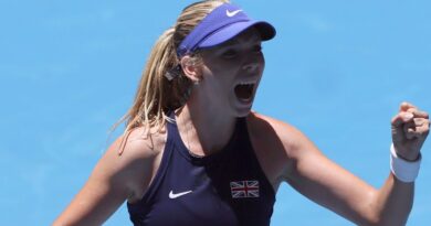 Katie Boulter of Britain celebrates winning her match over Jessica Pegula of the United States during the United Cup tennis tournament in Perth, Australia, Sunday, Dec. 31, 2023. (AP Photo/Trevor Collens)