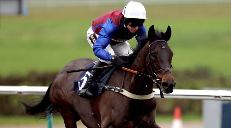 Kay Tara Tara ridden by Tom Cannon on their way to winning the Download The At The Races App Mares' Open Maiden NH Flat Race at Lingfield