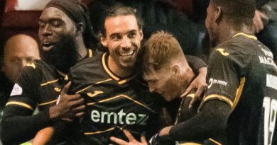 ABERDEEN, SCOTLAND - DECEMBER 20: Livingston's Kurtis Guthrie (centre) celebrates with Ayo Obileye (left), James Penrice (second from right) and Joel Nouble after scoring to make it 1-0 during a cinch Premiership match between Aberaberdeen
deen and Livingston at Pittodrie Stadium, on December 20, 2023, in Aberdeen, Scotland. (Photo by Paul Devlin / SNS Group)