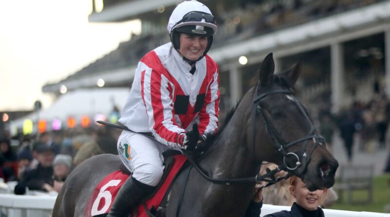 Latenightpass and Gina Andrews after winning the Glenfarclas Crystal Cup Cross Country Handicap Chase during day one of the The Christmas Meeting at Cheltenham