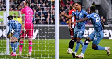 Ollie Watkins celebrates after his goal gives Villa the lead at Brentford