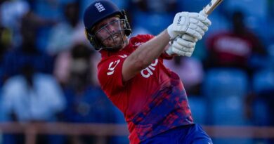 England's Phil Salt hits a six during the win against West Indies