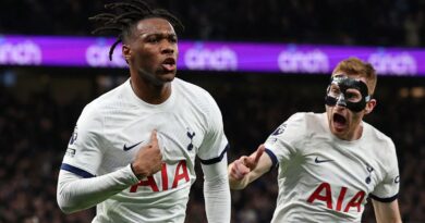 Destiny Udogie wheels away to celebrate after giving Spurs the lead against Newcastle