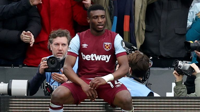 Mohammed Kudus celebrates after doubling West Ham's lead against Manchester United