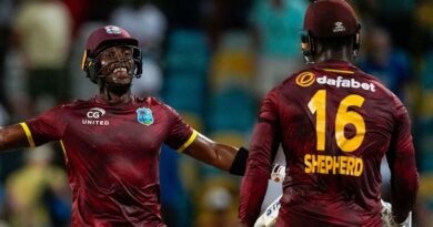 West Indies' Matthew Forde celebrates with Romario Shepherd after West Indies' win (Associated Press)