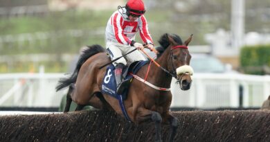 Sam Twiston-Davies and The Real Whacker jump the last in the Brown Advisory Novices' Chase