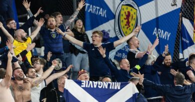 TBILISI, GEORGIA - NOVEMBER 16: Scotland fans celebrate at full time during a UEFA Euro 2024 Qualifier between Georgia and Scotland at the Boris Paichadze Dinamo Arena, on November 16, 2023, in Tbilisi, Georgia. (Photo by Craig Williamson / SNS Group)