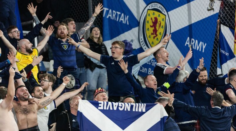 TBILISI, GEORGIA - NOVEMBER 16: Scotland fans celebrate at full time during a UEFA Euro 2024 Qualifier between Georgia and Scotland at the Boris Paichadze Dinamo Arena, on November 16, 2023, in Tbilisi, Georgia. (Photo by Craig Williamson / SNS Group)