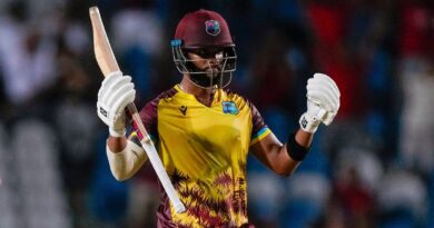 West Indies' Shai Hope celebrates hitting a six from a delivery of England's Chris Woakes..to win by 4 wickets the fifth T20 cricket match at Brian Lara Stadium in Tarouba, Trinidad and Tobago, Thursday, Dec. 21, 2023. (AP Photo/Ricardo Mazalan)