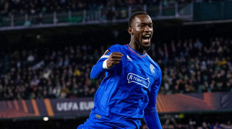 SEVILLE, SPAIN - DECEMBER 14: Rangers' Abdallah Sima celebrates as he scores to make it 1-0 during a UEFA Europa League match between Real Betis and Rangers at Estadio Benito Villamarin, on December 14, 2023, in Seville, Scotland. (Photo by Alan Harvey / SNS Group)