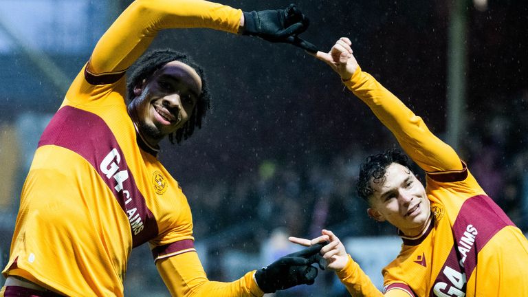 MOTHERWELL, SCOTLAND - DECEMBER 30: Motherwell's Theo Bair (L) celebrates scoring to make it 2-0 with teammate Davor Zdravkovski during a cinch Premiership match between Motherwell and Livingston at Fir Park, on December 30, 2023, in Motherwell, Scotland. (Photo by Paul Devlin / SNS Group)