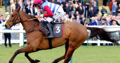 Thunder Rock ridden by jockey Adrian Heskin wins the Quiz Clothing Novices’ Hurdle during the Coral Scottish Grand National Ladies Day at Ayr