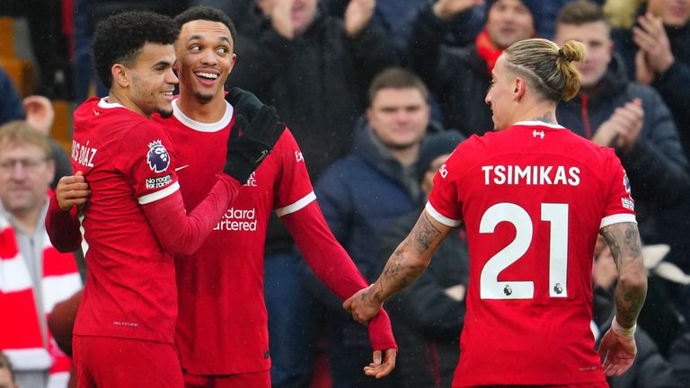 Liverpool's Trent Alexander-Arnold celebrates with Luis Diaz and Kostas Tsimikas after scoring his side's opening goal