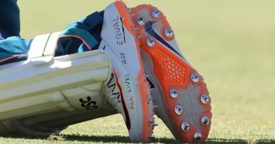 PERTH, AUSTRALIA - DECEMBER 11: The shoes of Usman Khawaja are pictured during an Australian nets session the at the WACA on December 11, 2023 in Perth, Australia. (Photo by Paul Kane/Getty Images)