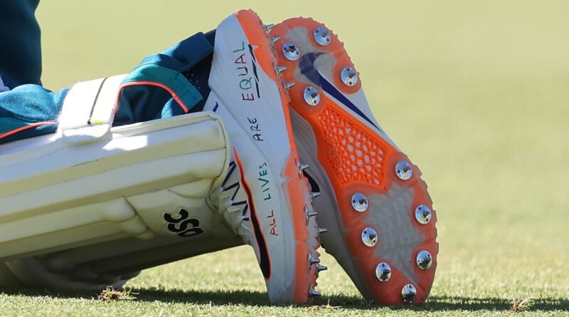 PERTH, AUSTRALIA - DECEMBER 11: The shoes of Usman Khawaja are pictured during an Australian nets session the at the WACA on December 11, 2023 in Perth, Australia. (Photo by Paul Kane/Getty Images)