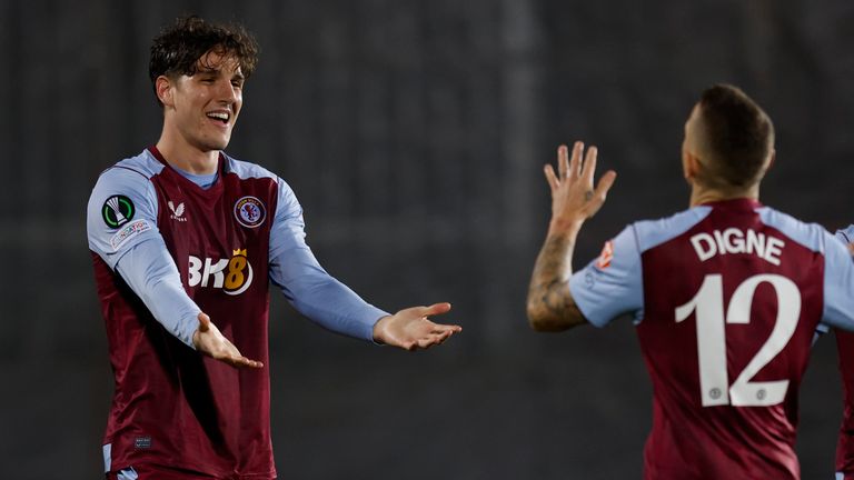 Aston Villa's Nicolo Zaniolo celebrates putting the visitors in front in Bosnia