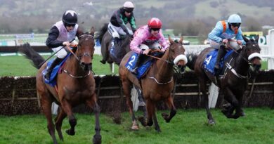 Bob Olinger hits the front in the Relkeel Hurdle at Cheltenham