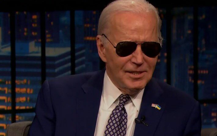 Joe Biden on Late Night with Seth Meyers as Dark Brandon.