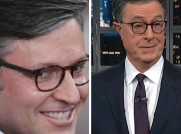 Stephen Colbert and House Speaker Mike Johnson