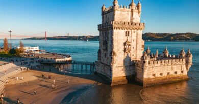 Drone view of Belem Tower in downtown Lisbon